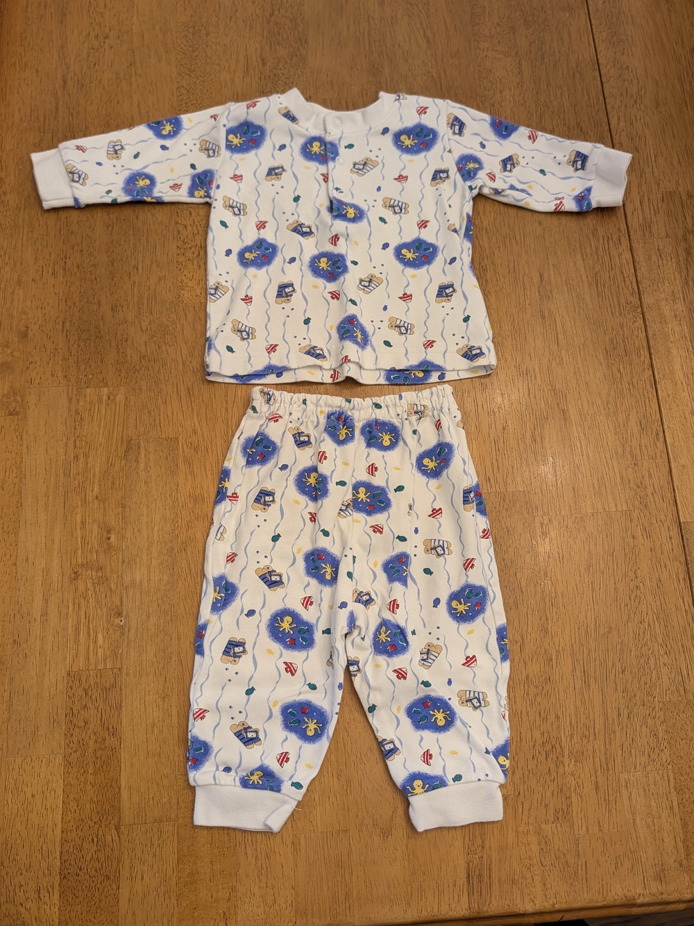 Vintage Rugged Bear Baby Set 2pc White Blue Novelty Print Size 6 Months
